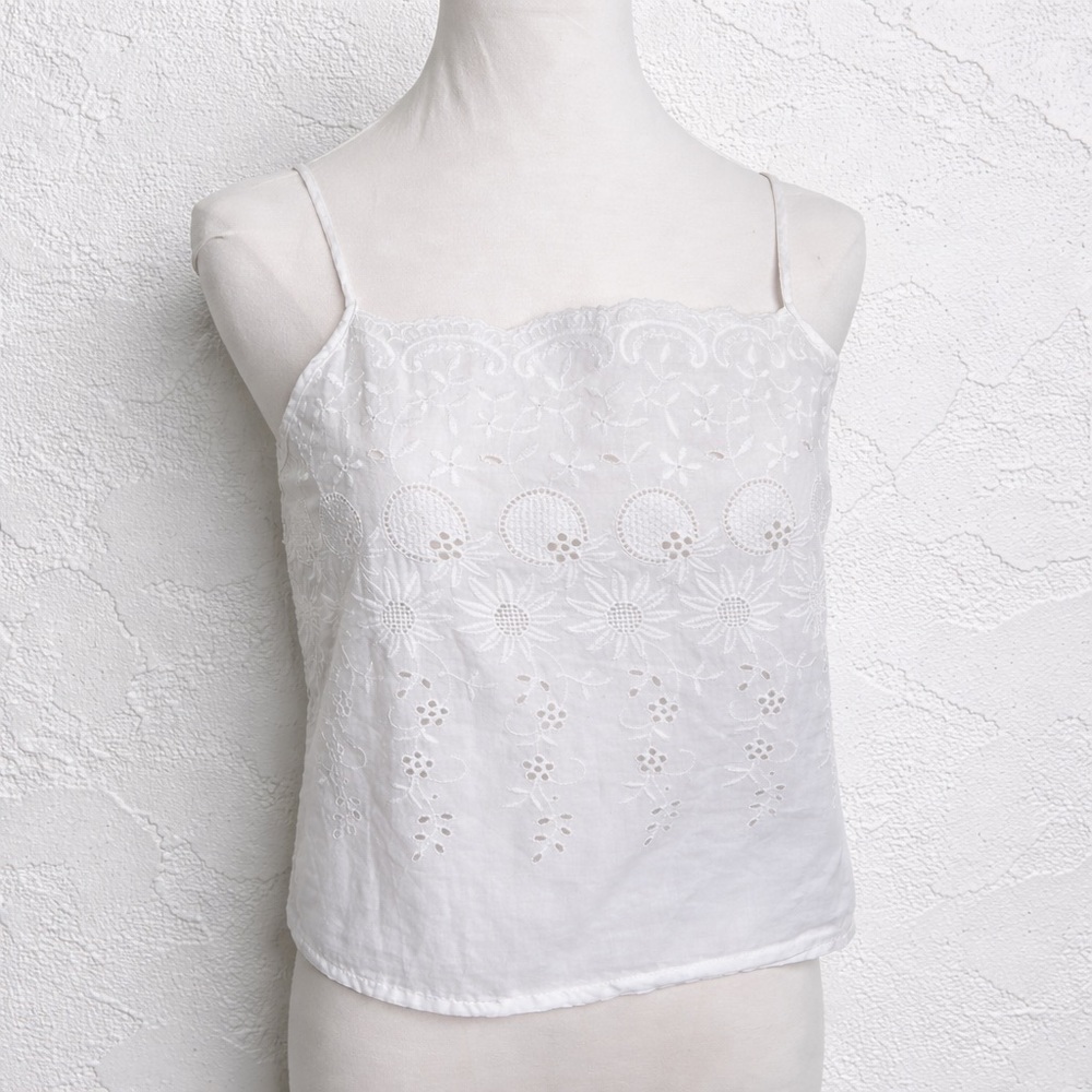 Vintage White Eyelet Camisole Lace Cotton Cottagecore Tank Top S